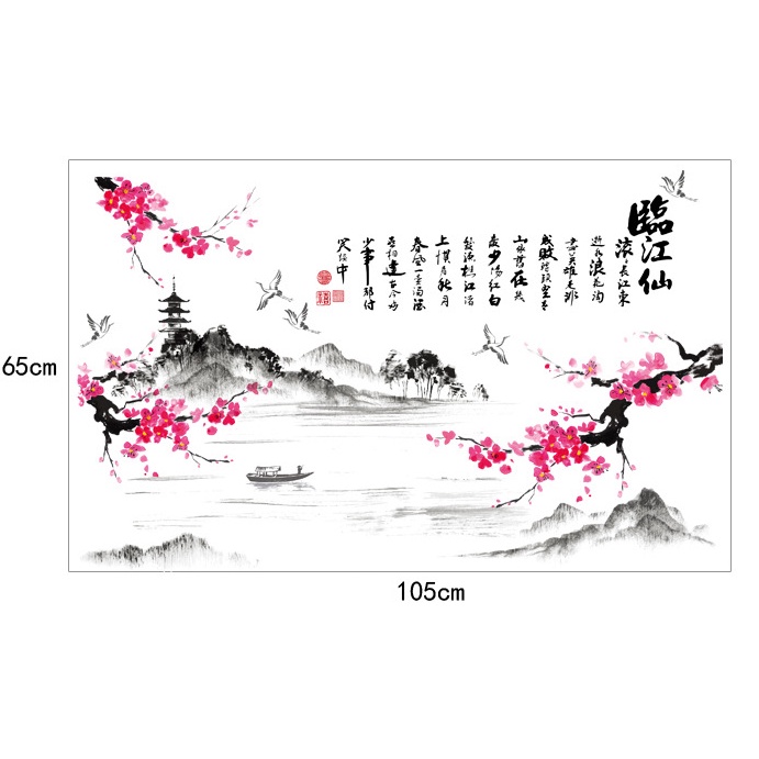 Decal dán tường Hoa đào sơn thủy