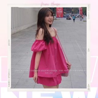 Set áo trễ vai bo chun xoè rộng kèm quần short cạp chun