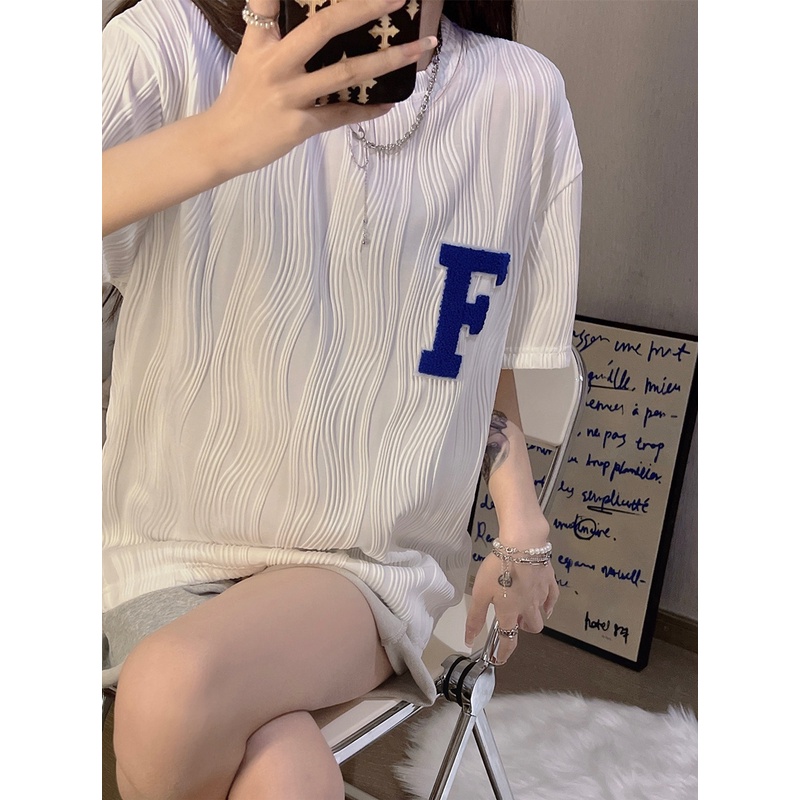 [Hana And Alice] Áo Thun Lụa Lạnh Tay Ngắn Dáng Rộng Thêu Họa Tiết Xinh Xắn Cho Nữ