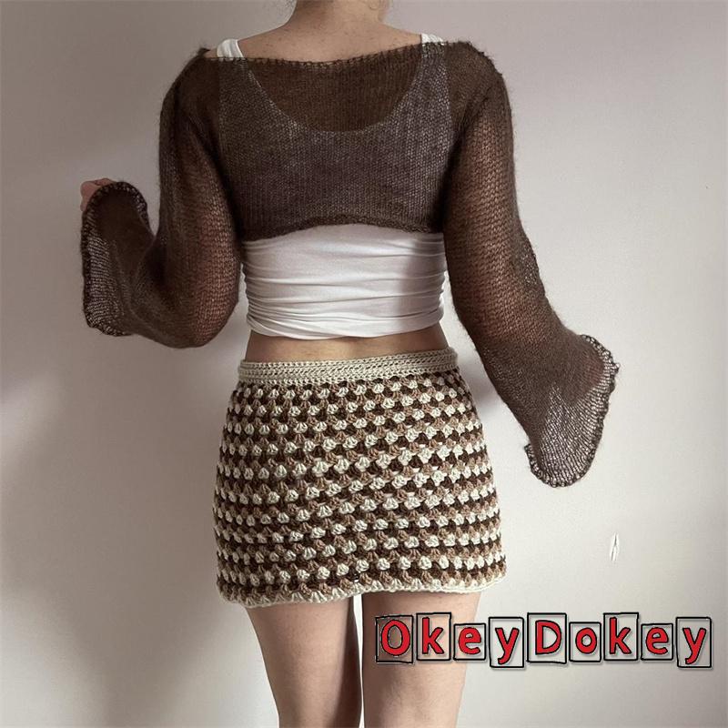 Áo Crop Top Tay Dài Cổ Tròn Màu Trơn Xuyên Thấu Cho Nữ