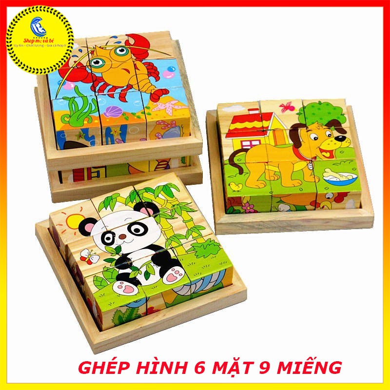 Đồ chơi bộ ghép hình 6 mặt 9 miếng gỗ cho bé lắp ghép được 6 bức hình khác nhau cho bé yêu