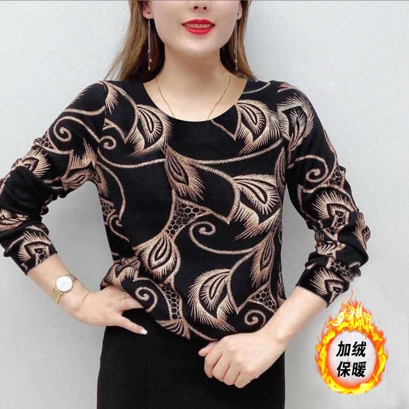 Áo Thun Tay Dài Cổ Tròn Dày Dặn In Họa Tiết Thời Trang Thu Đông Cho Nữ Trung Niên