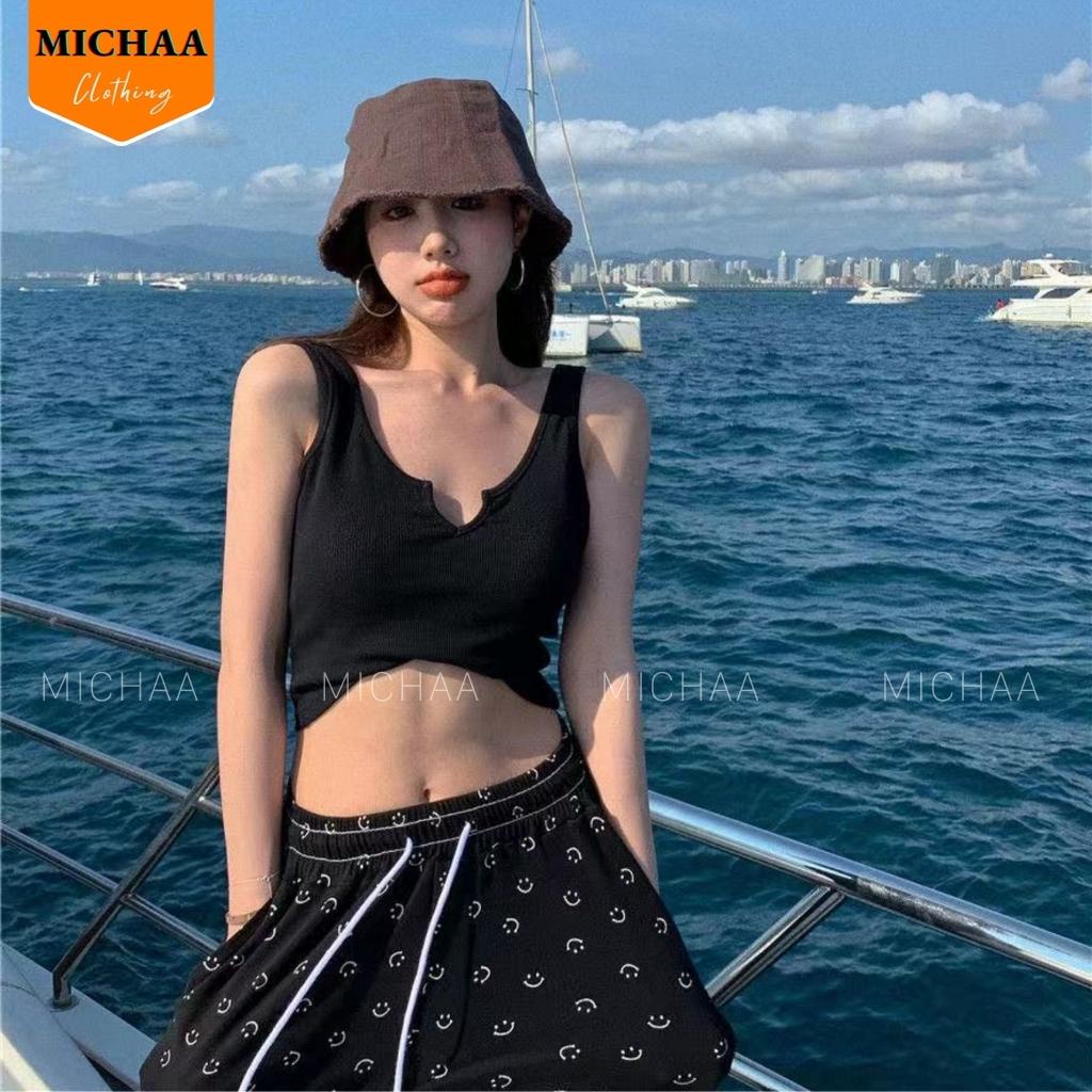 Áo Croptop Ba Lỗ XẺ CỔ CHỮ V Nữ Thun Gân Kiểu Ôm Body Sexy Ulzzang - MICHAA