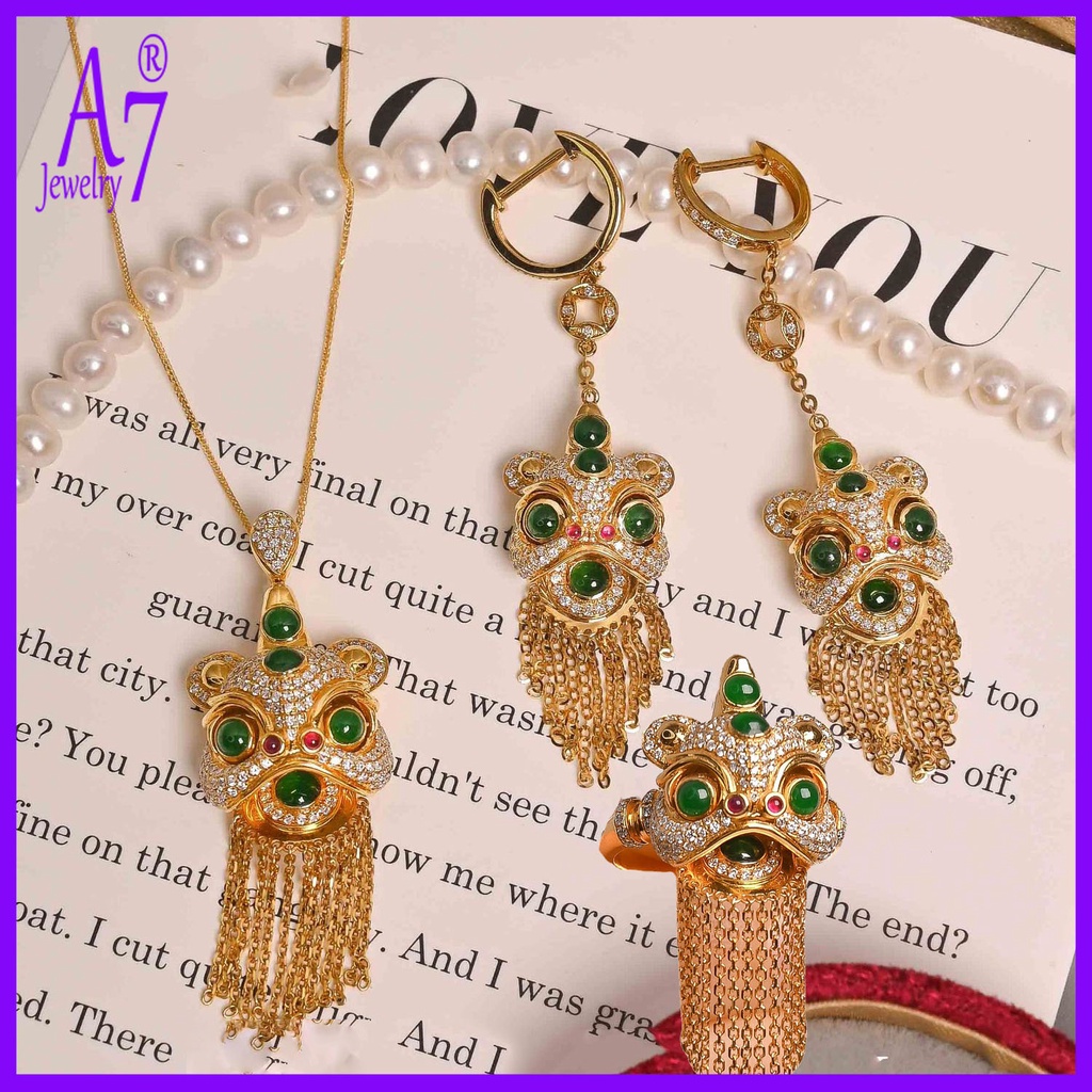 Bộ Vòng cổ + Khuyên Tai Kiểu Mở Hình Sư Tử Cổ Điển A7 18K