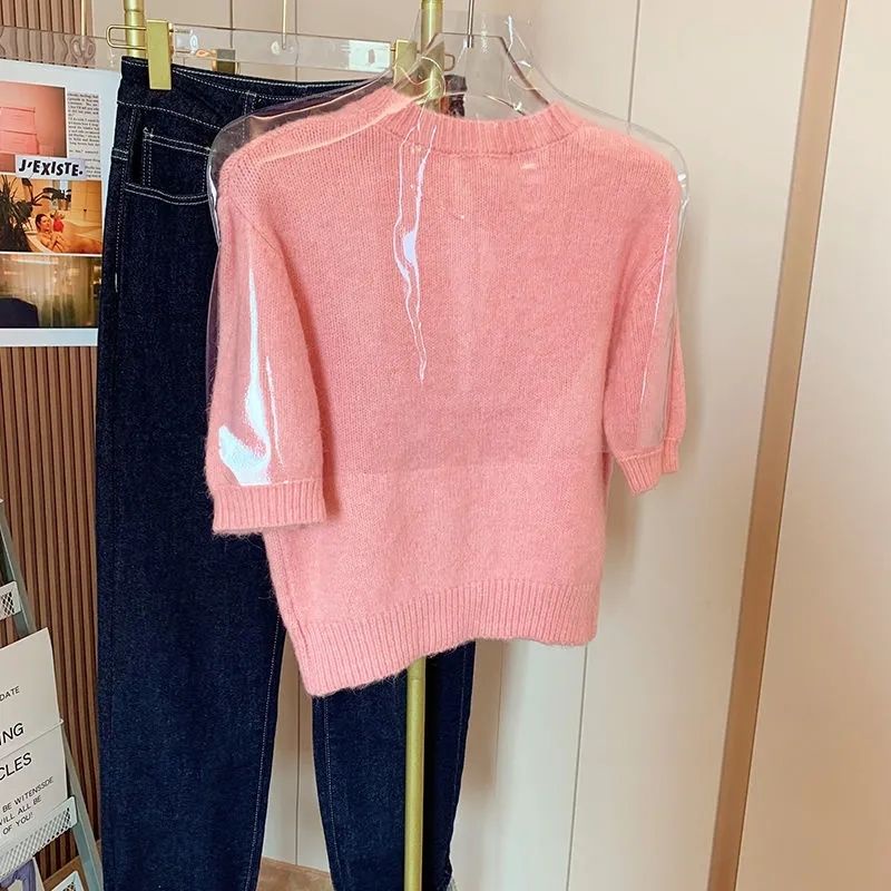 Áo Sweater Dệt Kim Tay Ngắn Dáng Ngắn Màu Hồng Dễ Thương Cho Nữ  tao bao