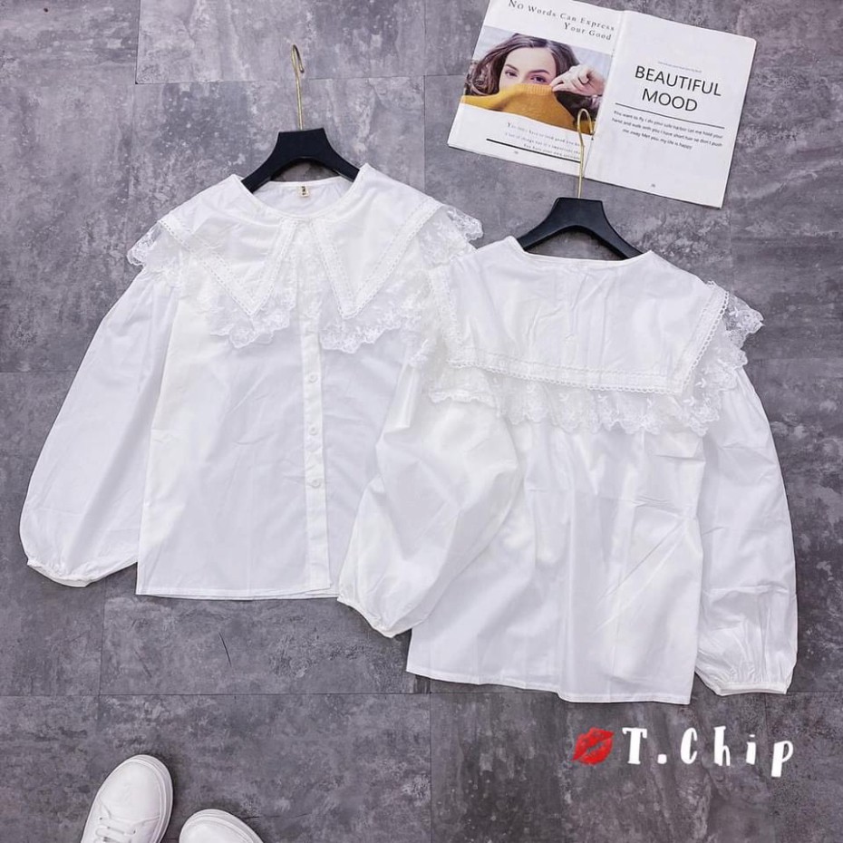 Áo babydoll trắng tiểu thư cổ bèo viền ren ullzang hàng QC A288 chuyensiquanaonugiare