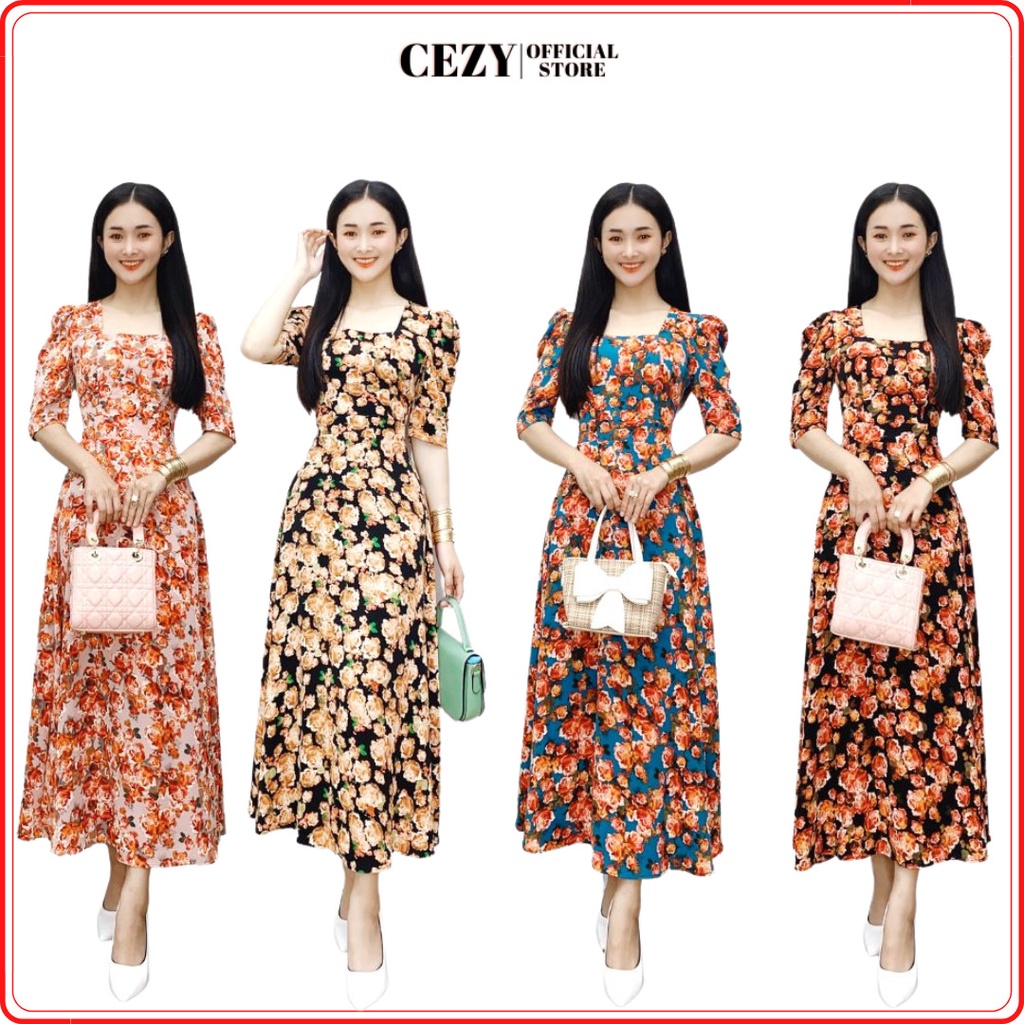 Đầm hoa cổ vuông tay phồng bo chun có size bigsize CEZY D124