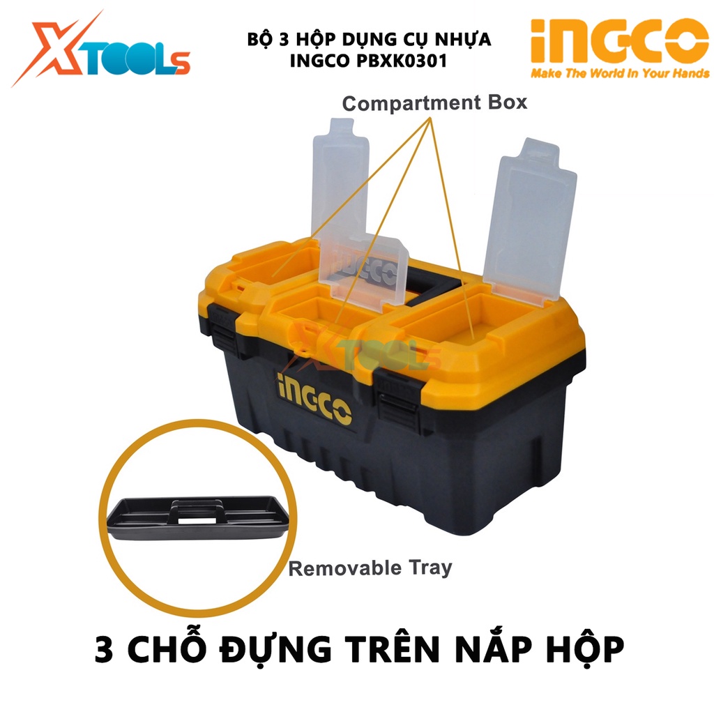 Bộ Combo hộp đựng dụng cụ 3 cái bằng nhựa INGCO PBXK0301 | Bộ 3 thùng đựng đồ nghề hộp dụng cụ bằng nhựa 14”, 17”, 20”