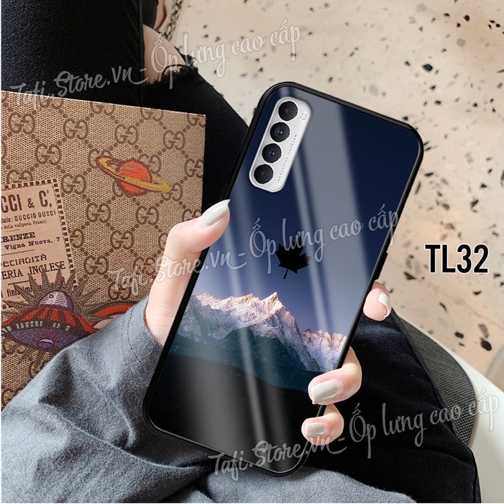 Ốp lưng Kính cao cấp Oppo Reno 4 - Reno 4Pro viền dẻo hình màu loang in logo apple Iphone, lá phong tinh tế, sang trọng