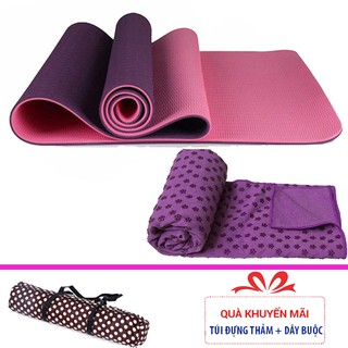 Combo thảm tập yoga TPE 6mm 2 lớp + Khăn trải thảm yoga (Tặng túi đựng thảm và dây buộc)