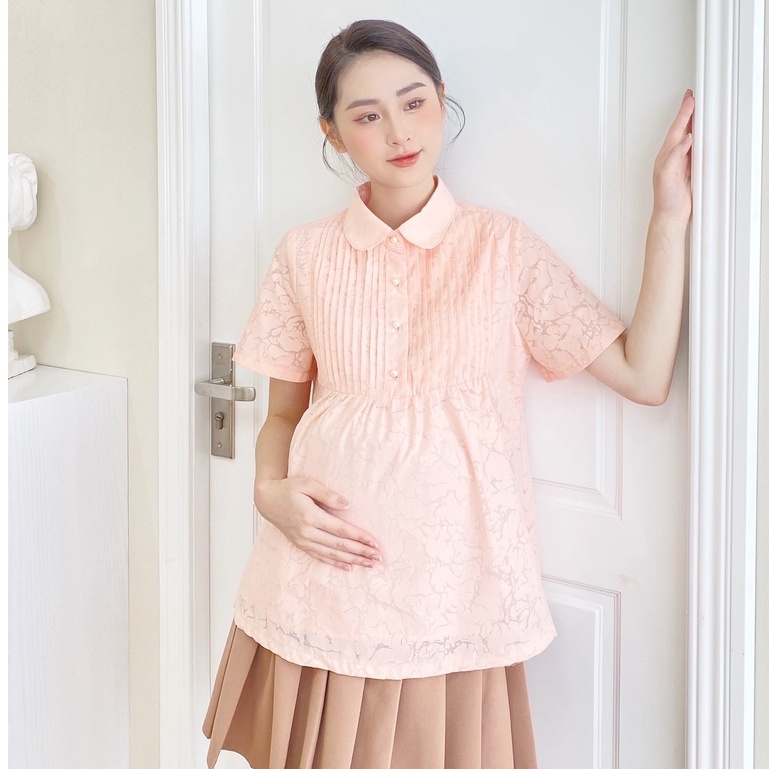 MEDYLA - Áo sơ mi bầu công sở đũi hàn 2 lớp thô boi thêu hoa nổi lót lụa cho bầu đi làm đi chơi cực xinh - ASM120