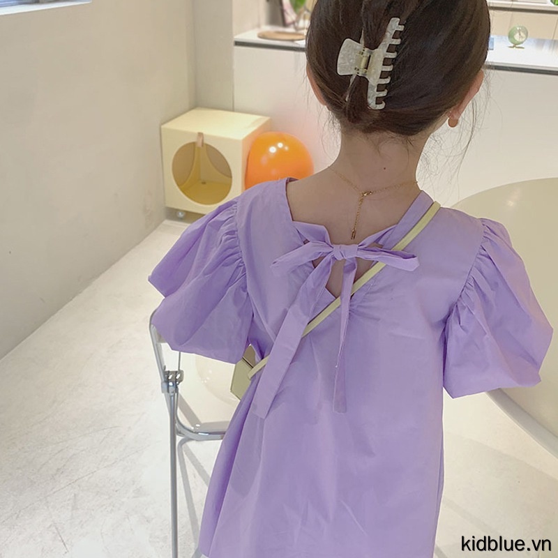 Đầm Chữ A Tay Phồng Ngắn Lưng Thắt Nơ Dành Cho Bé Gái 3-8 Tuổi