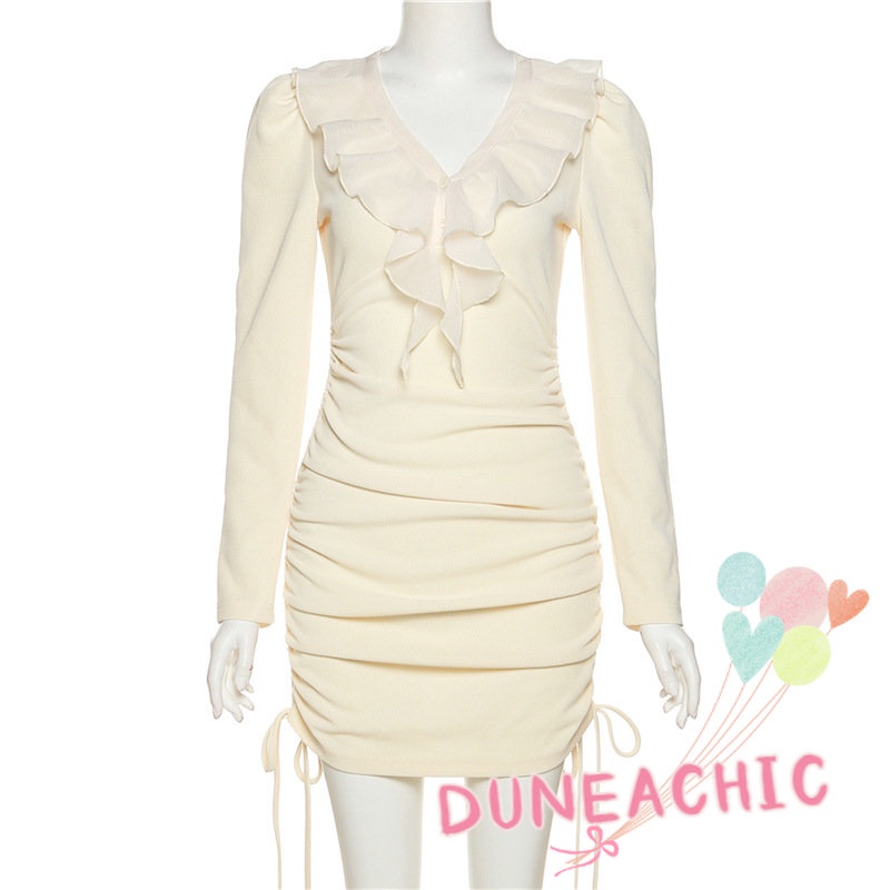 DUNEA Đầm Tay Dài Cổ Chữ V Phối Dây Rút Thời Trang Xinh Xắn Cho Nữ