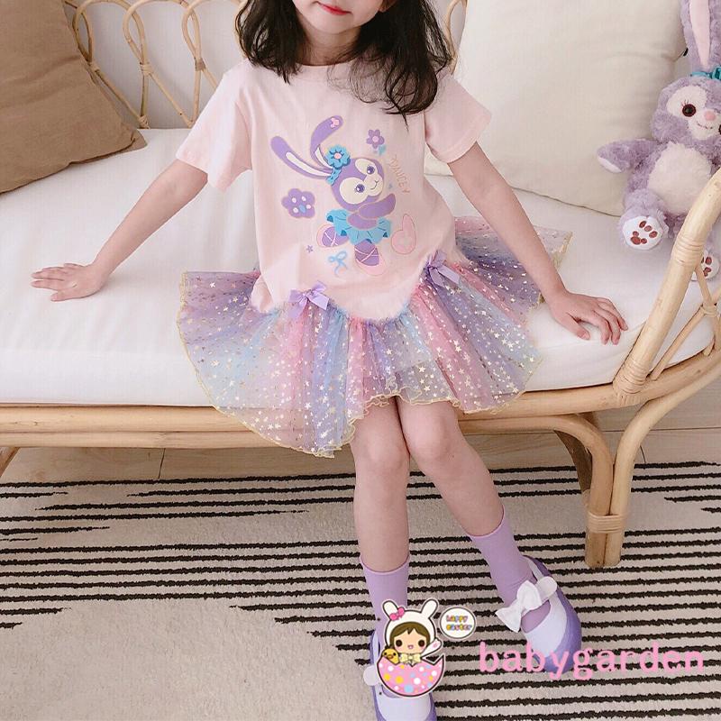 Đầm chữ A tay ngắn in họa tiết thỏ hoạt hình đính kim sa phối lưới dễ thương cho bé gái