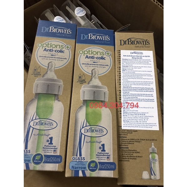 Bình sữa Dr.Brown’ cổ hẹp Thủy Tinh Options Plus có dung tích 120ml và 250ml