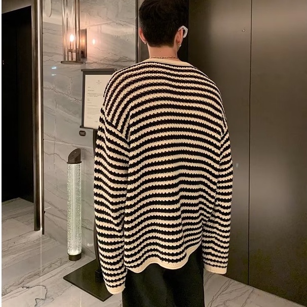 Áo Sweater Dệt Kim Tay Dài Cổ Tròn Họa Tiết Kẻ Sọc Thời Trang Mùa Thu Cho Nam