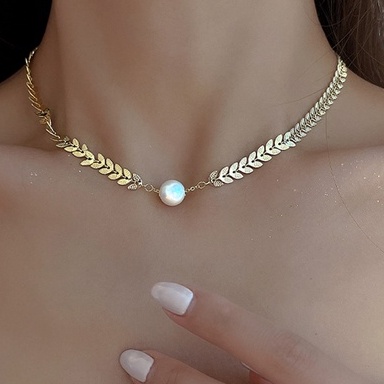 Vòng cổ Hình Lá Đính Ngọc Trai Phong Cách hip hop Hàn Quốc Cho Nữ