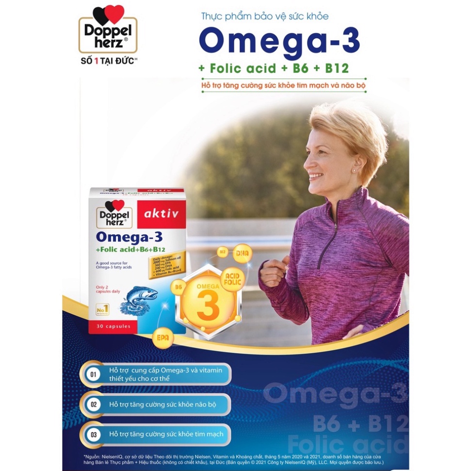 Viên uống tăng cường thị lực, tim mạch và não bộ Doppelherz Omega 3 + Folic acid + B6 + B1