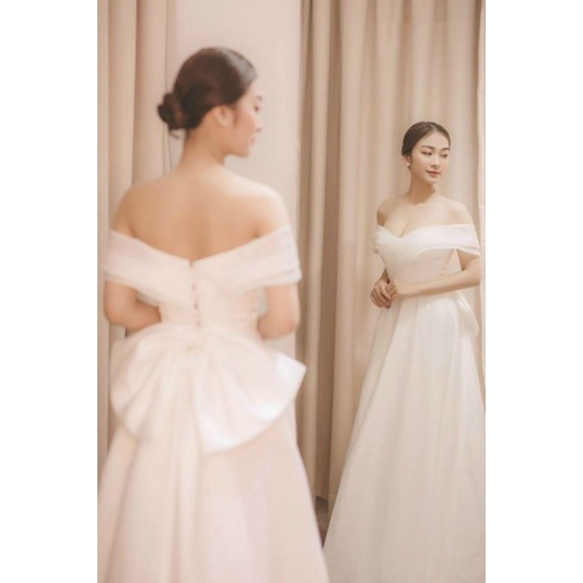 Váy đầm cưới cô dâu trễ vai, váy dạ hội trễ vai đi bàn