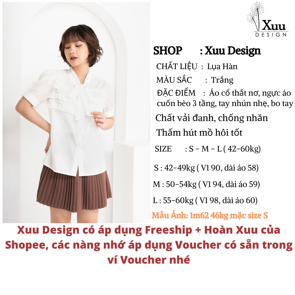 Áo kiểu nữ cổ nơ Xuu Design, Áo sơ mi phối bèo ngực chất vải Lụa Hàn dáng suông [TK21.05 Trắng]