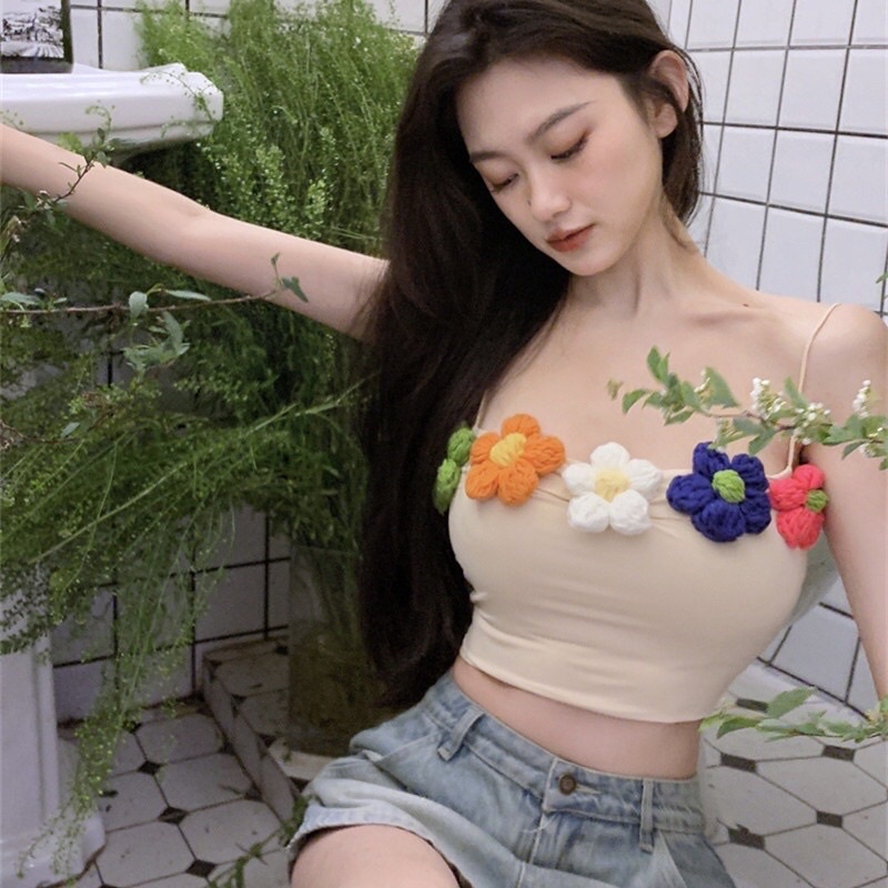 Áo hai dây croptop phối hoa len, hoa len móc siêu xinh