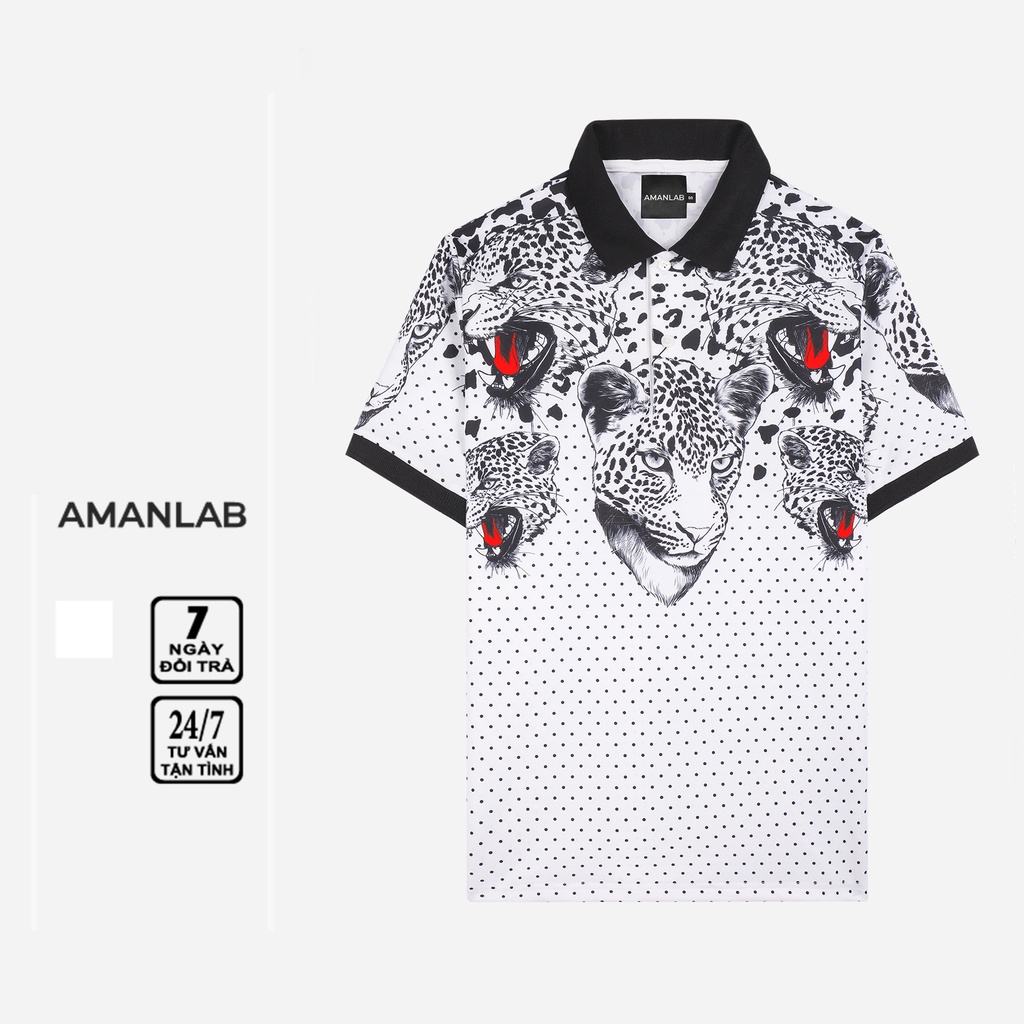 Áo thun cổ bẻ polo nam ngắn tay, vải không nhăn, form regular họa tiết con báo Panther AMANLAB