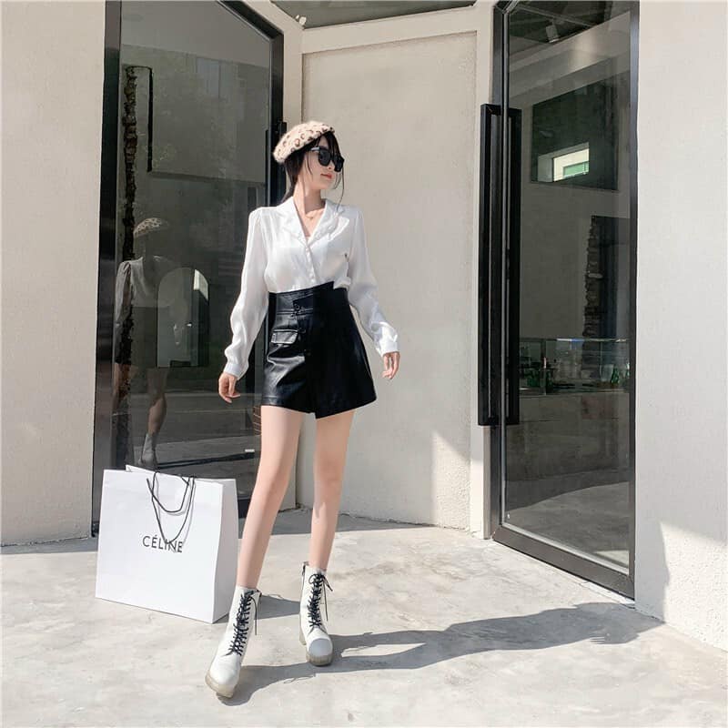 Chân váy da chữ a cạp chéo quần giả váy vạt chéo 3 cúc có khóa kéo sau lưng