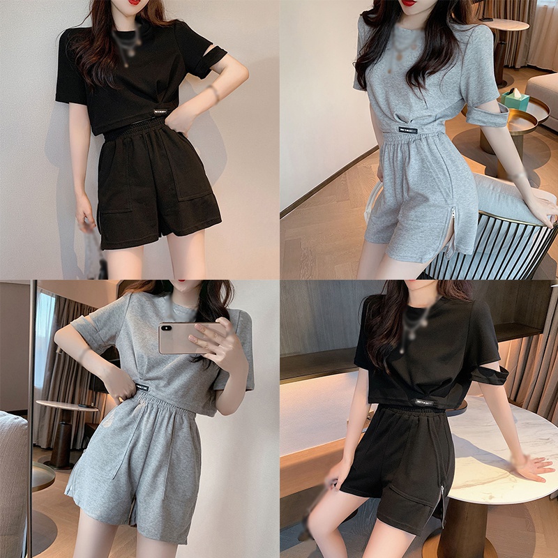 Bộ Đồ 2 Món Áo Thun Tay Ngắn Cổ Tròn + Quần Short Lưng Cao Màu Trơn Phong Cách Hàn Quốc Cho Nữ