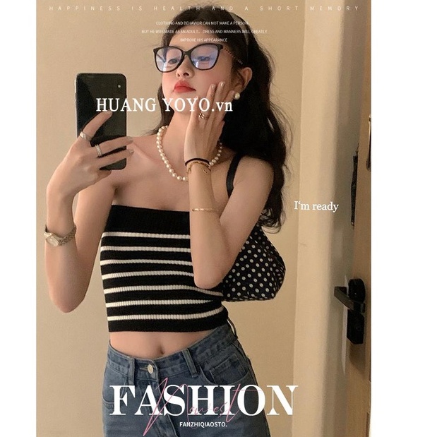 HUANG YOYO Áo Dệt Kim Không Tay Họa Tiết Kẻ Sọc Thời Trang Mùa Hè 2023 Áo croptop Cho Nữ