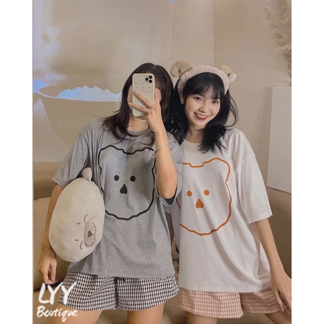 Set đồ nữ áo phông GẤU Hàn Quốc kèm quần short kẻ caro cute chất đẹp  Quảng Châu LYY BOUTIQUE