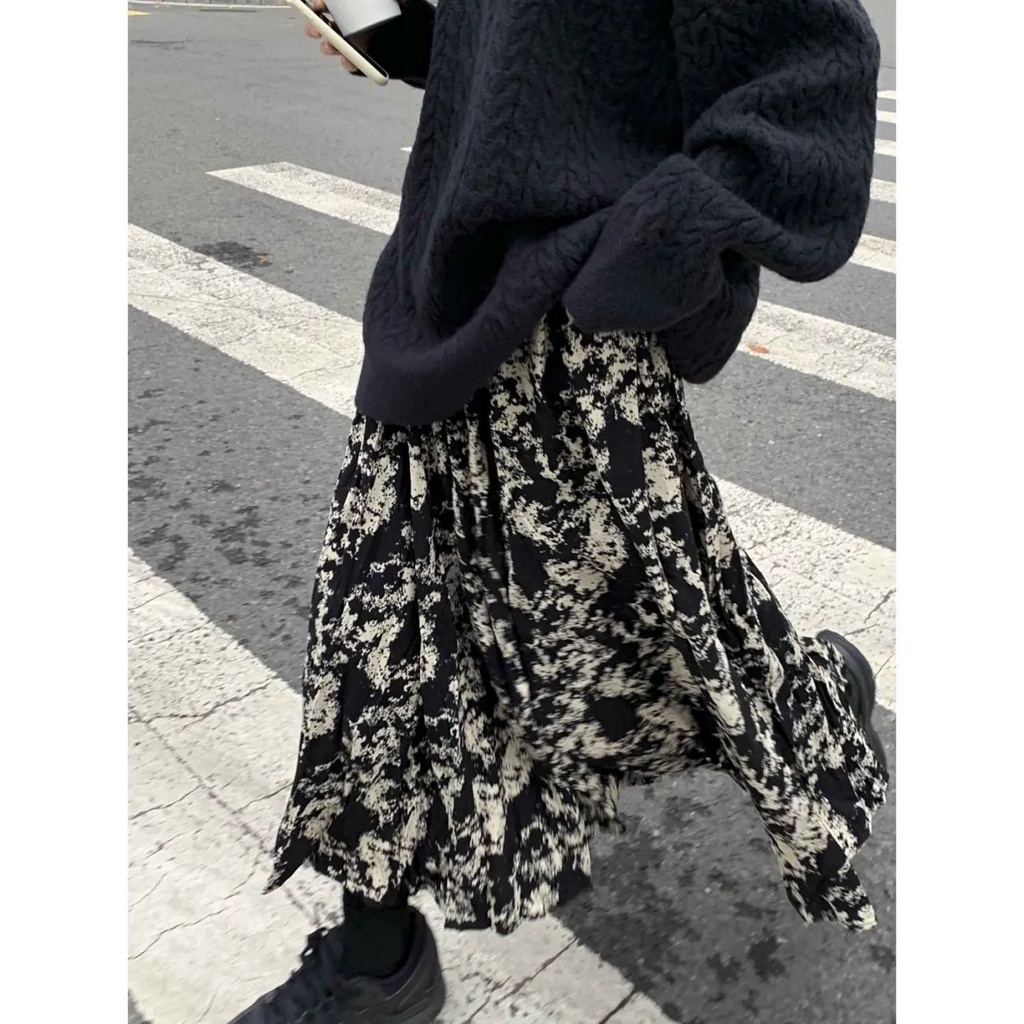 Chân Váy Hoa Đen Phong Cách retro Hàn Quốc