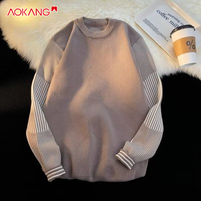 Áo sweater AOKANG dáng rộng tay dài họa tiết kẻ sọc thời trang mùa thu trẻ trung dành cho nam