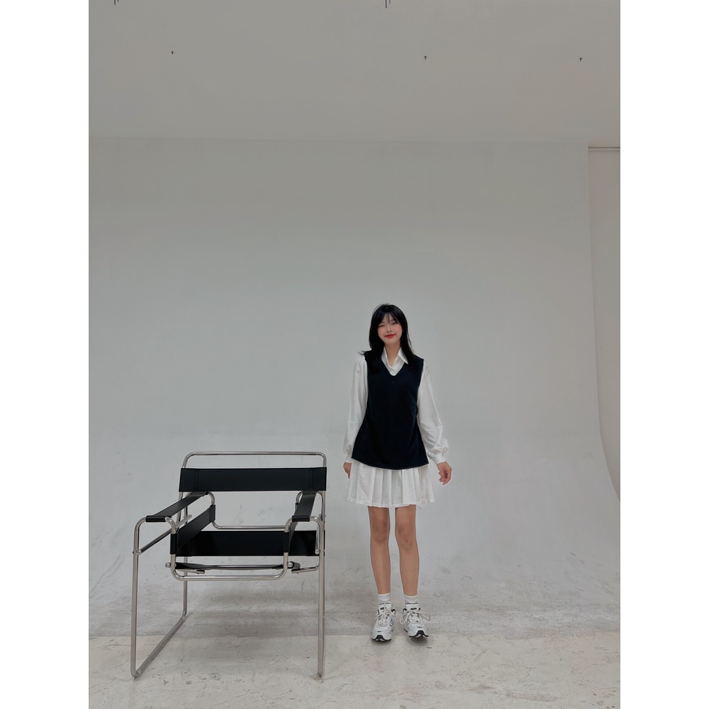 Set váy đầm nữ trắng dài tay phối gile đen cổ sơ mi đuôi xếp ly kèm đai freesize phom rộng học sinh diện tết hàn quốc | BigBuy360 - bigbuy360.vn