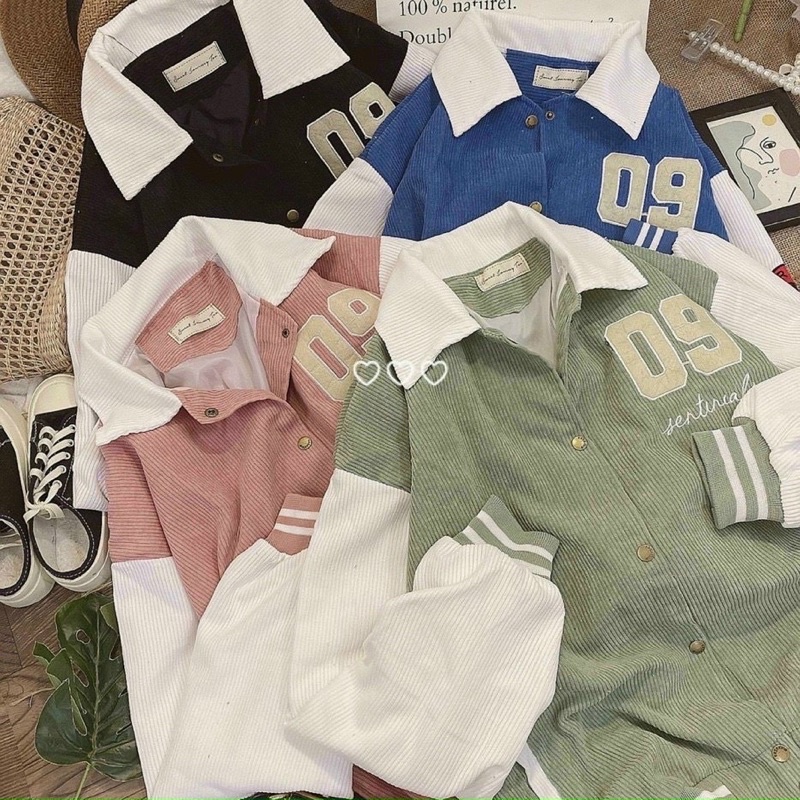 [ẢNH THẬT] Áo Khoác Bomber Unisex CỔ BẺ Chất Nhung Tăm Chống Nắng Thêu Số 09 ,Form Rộng Tay Bồng Đẹp Nam Nữ