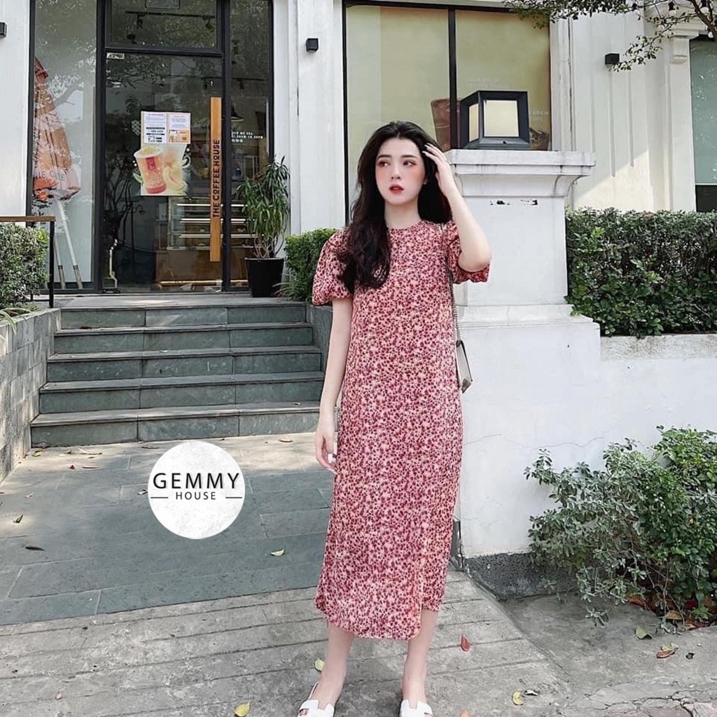 Váy xuông dài , váy hoa nhí vintage Gemmy House tay chun