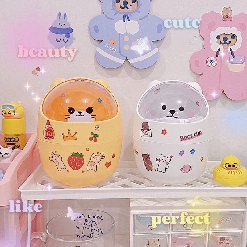 [Tặng kèm Sticker] Thùng Rác Mini Để Bàn Hình Gấu Cute Nhiều Màu Sắc - Ống Đựng Bút, Washi Tabe Tiện Lợi