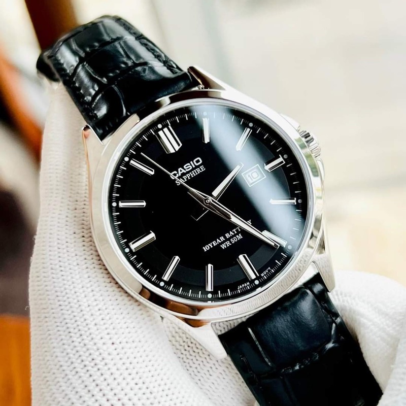 ĐỒNG HỒ NAM CHÍNH HÃNG Casio MTS-100L-1A Quartz Black Dial & Leather Sapphire For Men