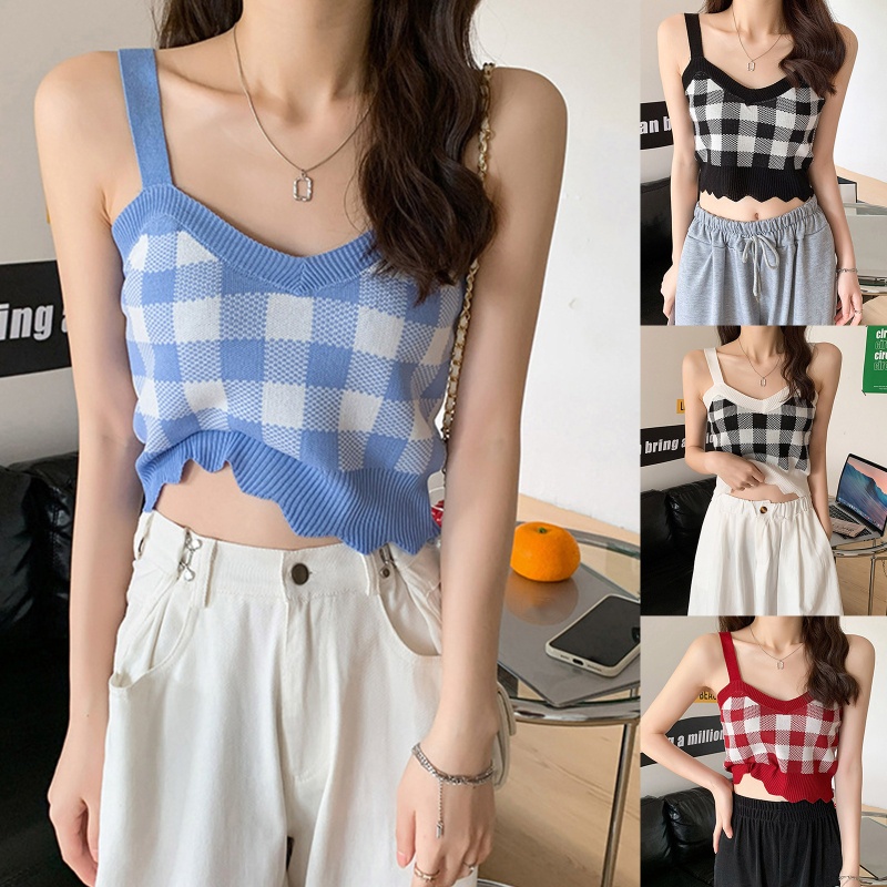 Áo Lửng Nữ Không Tay Cổ Chữ V Hở Lưng Họa Tiết Caro Màu Sắc Tương Phản Gợi Cảm