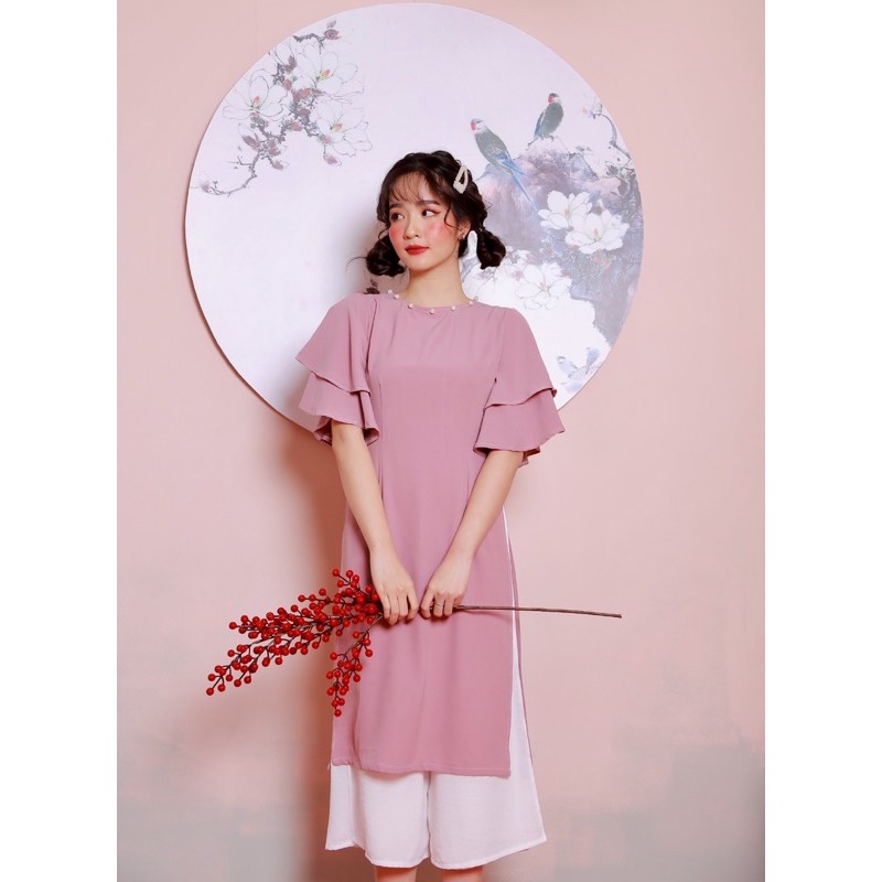 ÁO DÀI TẾT - PINK PEARL AODAI - ÁO DÀI CÁCH TÂN HỒNG PHẤN TAY LOE