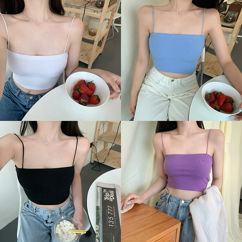 Xiaozhainv Áo thun ôm 2 dây màu trơn phong cách Hàn