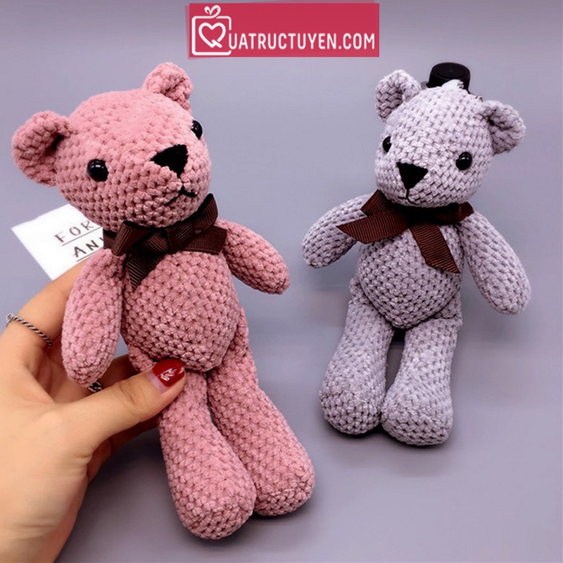 Gấu bông Teddy len dễ thương 18cm (Hồng/Xám) Quà tặng bạn gái, trẻ em