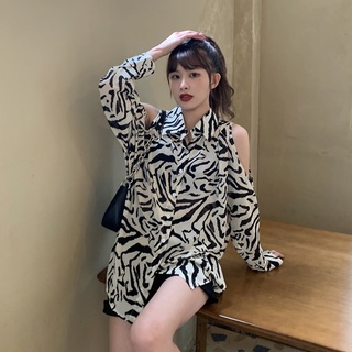 Kii Wii Áo Sơ Mi Tay Dài Hở Vai In Họa Tiết Ngựa Vằn Phong Cách Retro Thời Trang