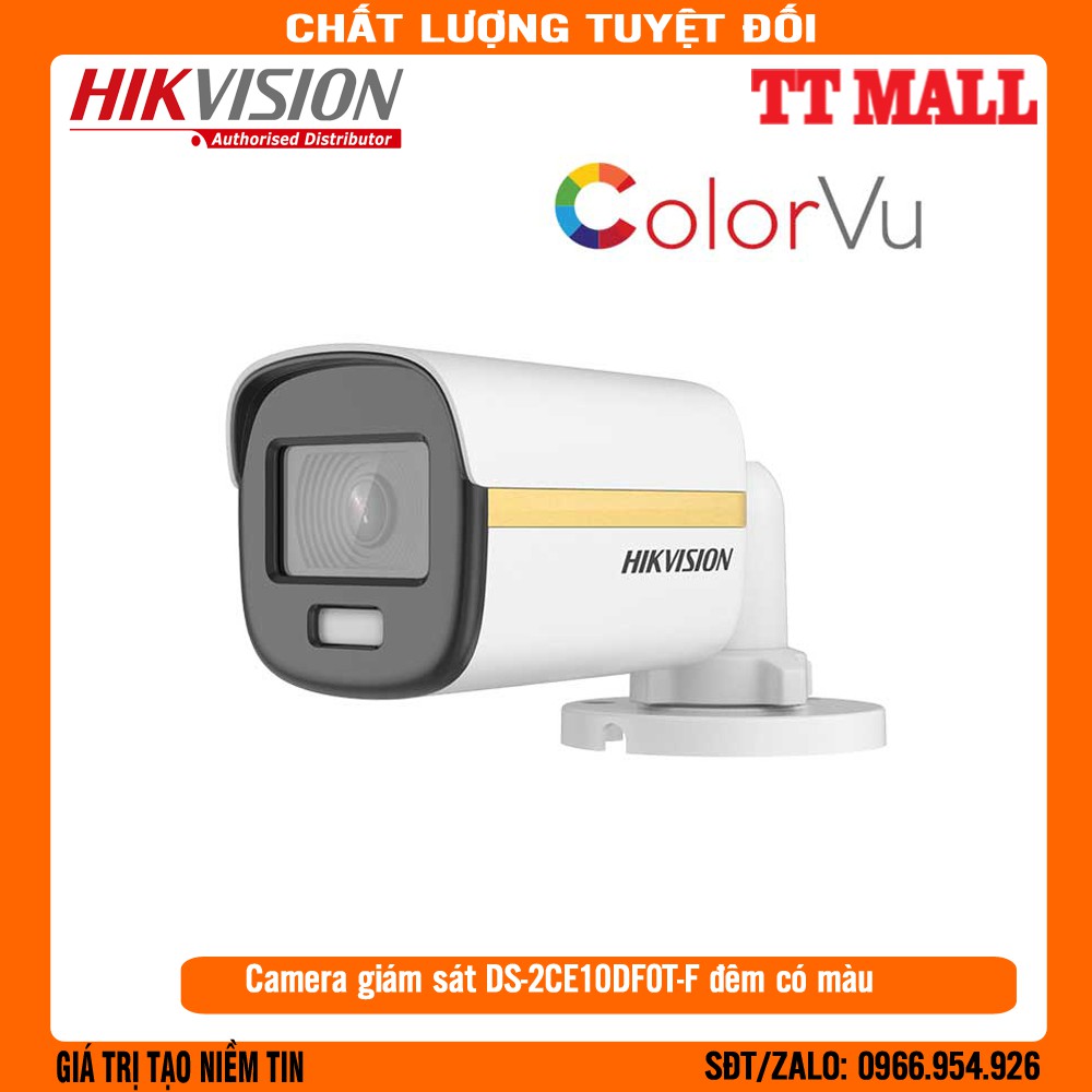 (Màu 24/24) Camera HDTVI ColorVu 2MP thân trụ HIKVISION DS-2CE10DF0T-F ĐÊM CÓ MÀU - CHÍNH HÃNG - BẢO HÀNH 2 NĂM