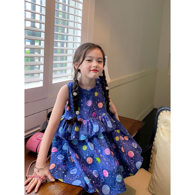 Đầm Dài Cổ Tròn Họa Tiết Chấm Bi Phong Cách Phương Tây Thời Trang Cho Bé Gái 5 Tuổi