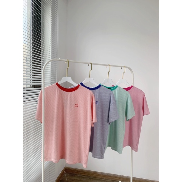 Sibling House - Áo thun sọc thêu hình mặt cười Smile tee