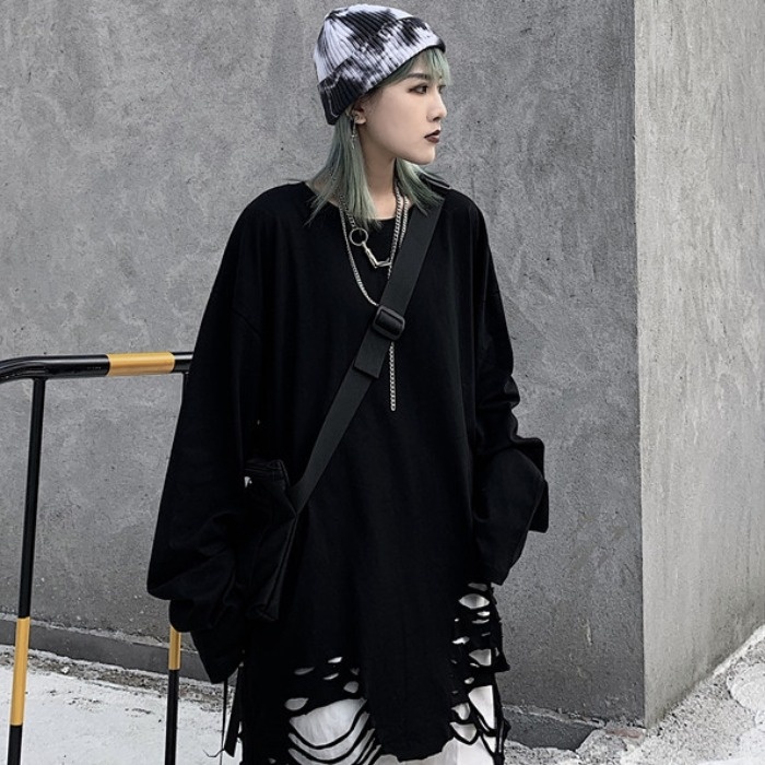 Áo thun dài tay 95% cotton rách gấu tạo layer màu basic hip hop unisex nam nữ