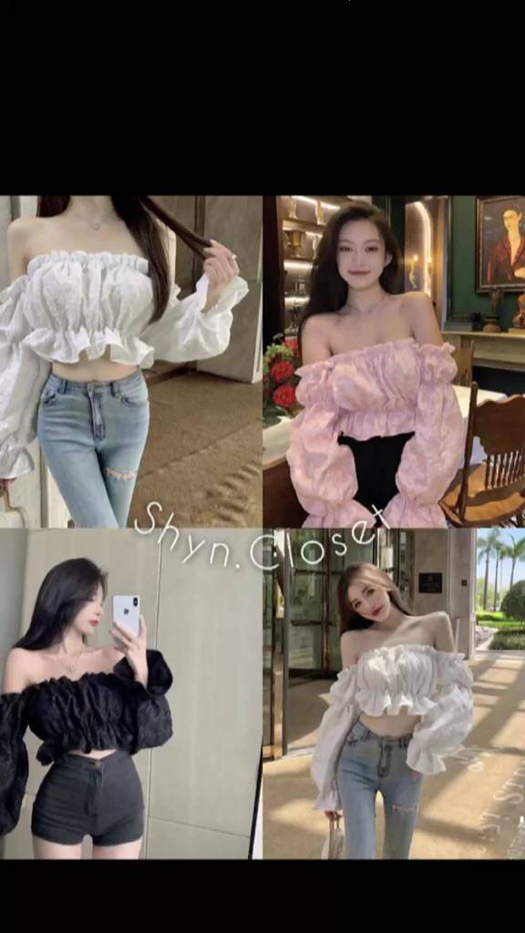 [RẺ VÔ ĐỊCH] Áo trễ vai hoa gấm bánh bèo Croptop hở vai tay bồng bèo nhún, Áo hở vai đi biển tay dài gấm xốp Shyn.Closet | BigBuy360 - bigbuy360.vn