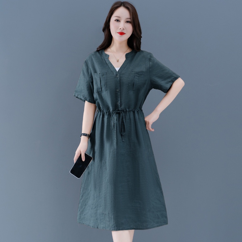 ( HÀNG SẴN) Đầm suông linen cổ V thắt eo 2 màu,thời trang nữ phong cách trẻ trung hàng mới về