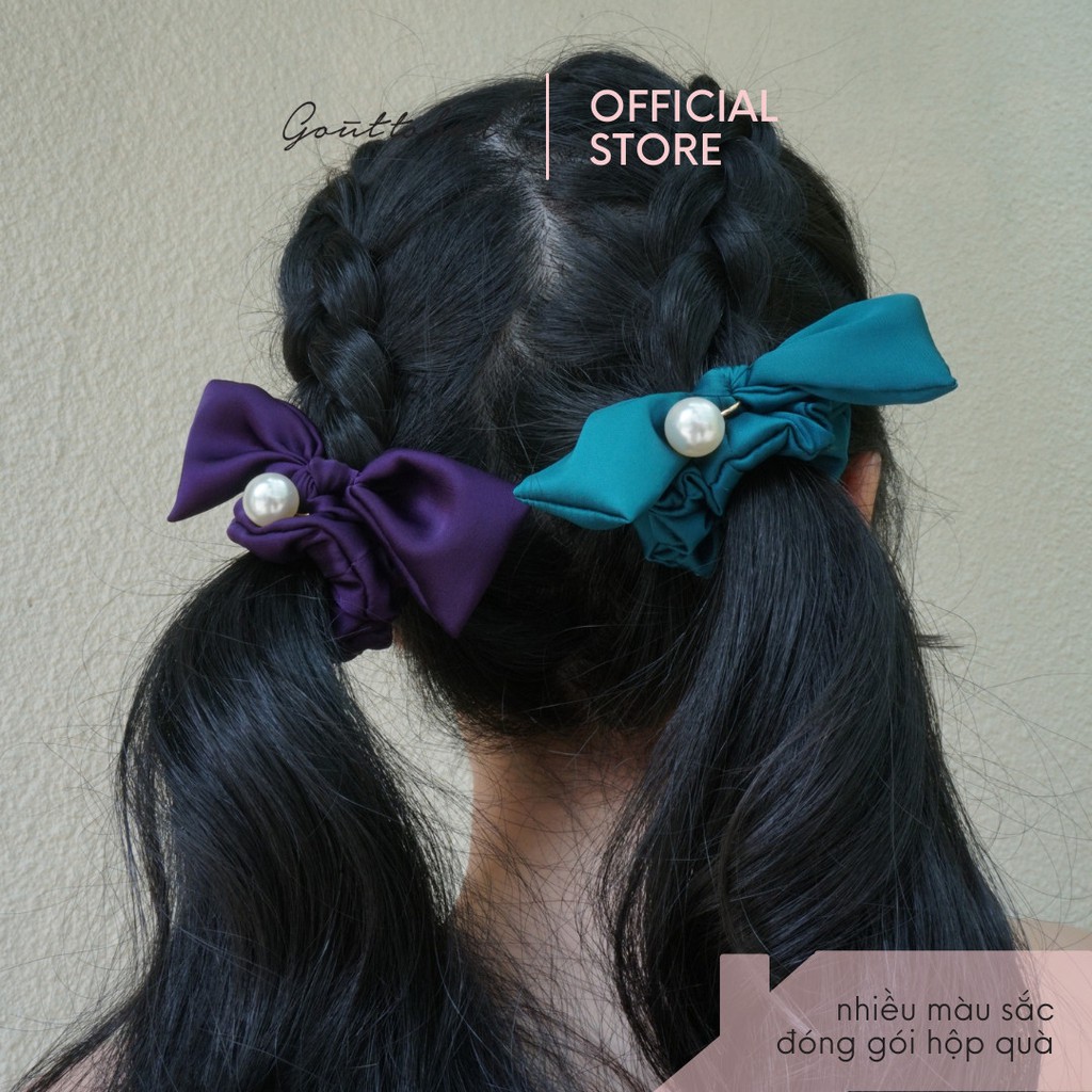 Scrunchies cột tóc nơ đính ngọc trai đá Goûttobed Lụa Satin Silk (nhiều màu)