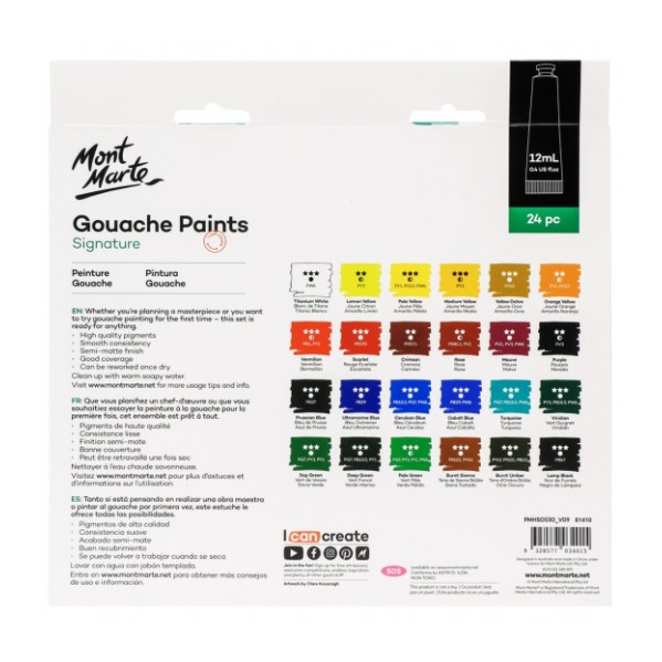 Màu gouache Mont Marte, màu bột pha sẵn tuýp 12ml bộ 12/18/24